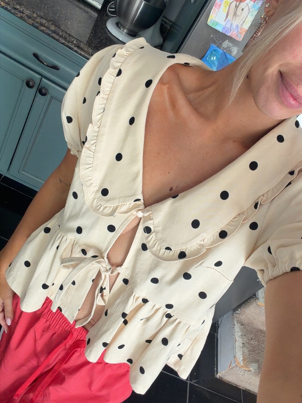 Anthropologie Cream Polka Dot Ruffle Tie-Front Blouse